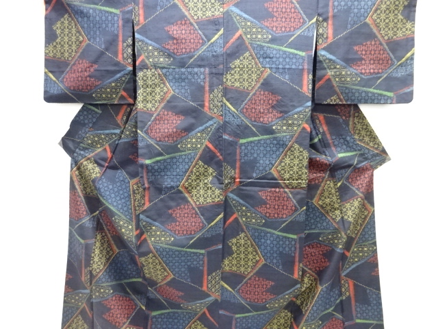 JAPANESE KIMONO / ANTIQUE KIMONO / SILK / TSUMUGI / WOVEN GEOMETRIC